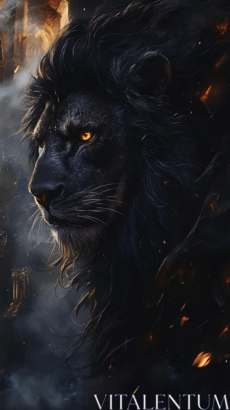 Mythic black lion portrait in ember-lit ruined arches.