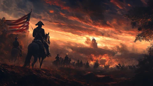 Mounted soldiers under burning sky advance to battle.