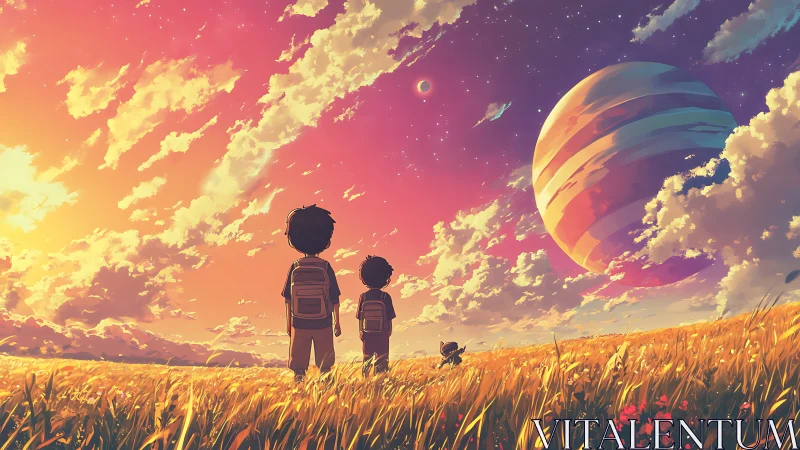 Children watching giant planet over sunset wheat field.