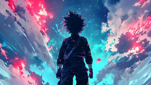 Lone anime hero studies neon storm sky in silhouette