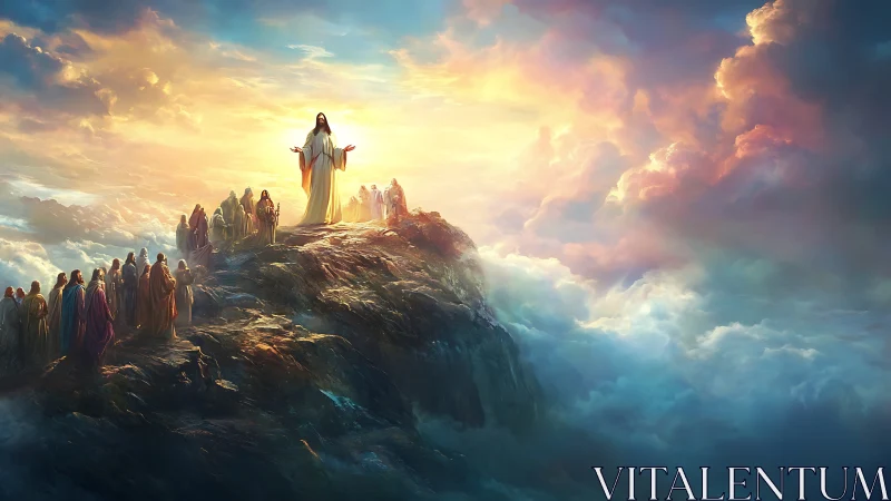 Sunlit preacher crowns a cloud-bright mountain of listeners