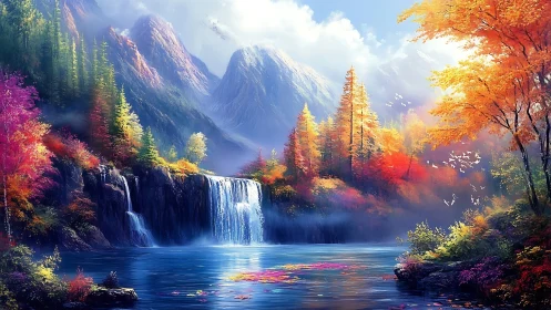 Sunlit mountain waterfall shimmers amid vivid autumn forest