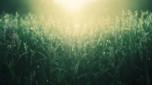 Morning light pours over dewy grass in a tranquil meadow