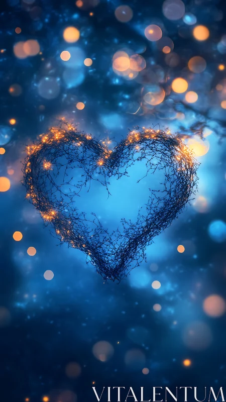 Luminescent Wire Heart with Golden Bokeh on Blue