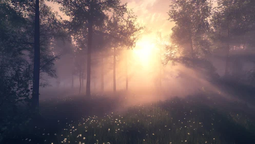 Photorealistic dawn forest with volumetric sunbeams and mist.
