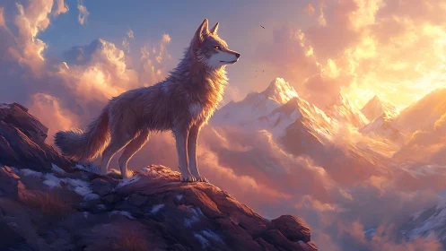Wolf on sunlit mountain ridge under glowing sky.
