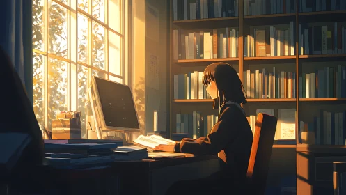 Sunlit library quietude with a lone evening scholar at work.