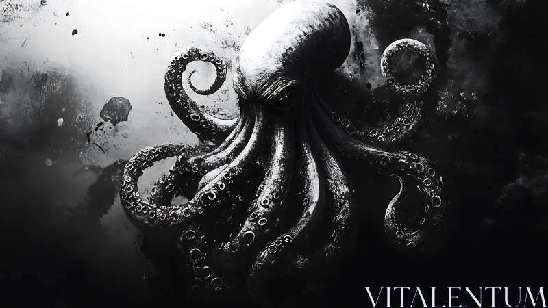 Monochrome eldritch octopus rising from inky abyss.