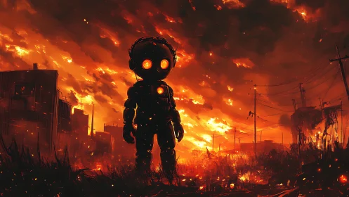 Concept art silhouette robot amid apocalyptic firestorm cityscape.