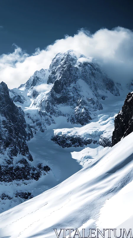 Snow-covered alpine peak under clouds in bright daylight.