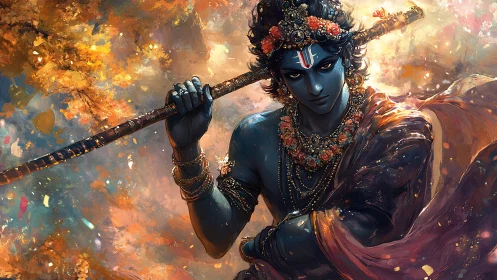 Divine blue warrior stands poised in a swirl of sacred light