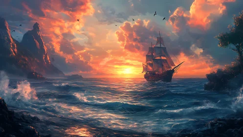 Sailship navigating rocky coastline at sunset with storm clouds