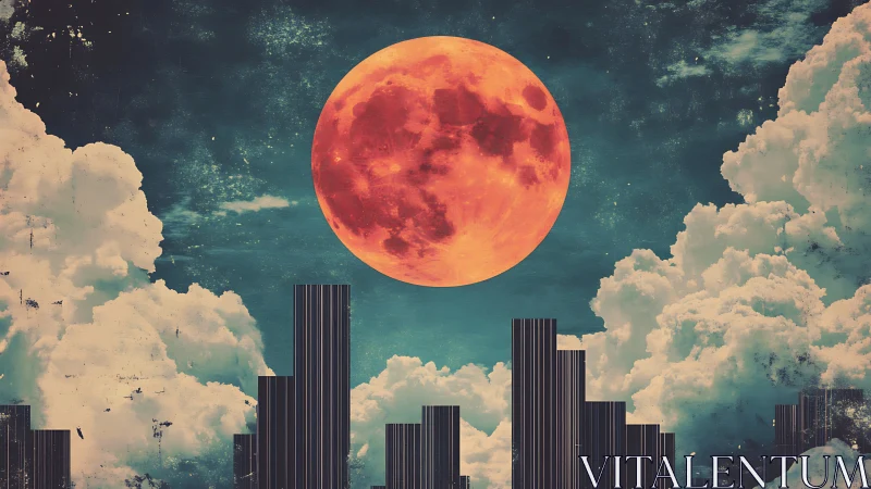 Surreal blood moon rising above stylized city skyline.
