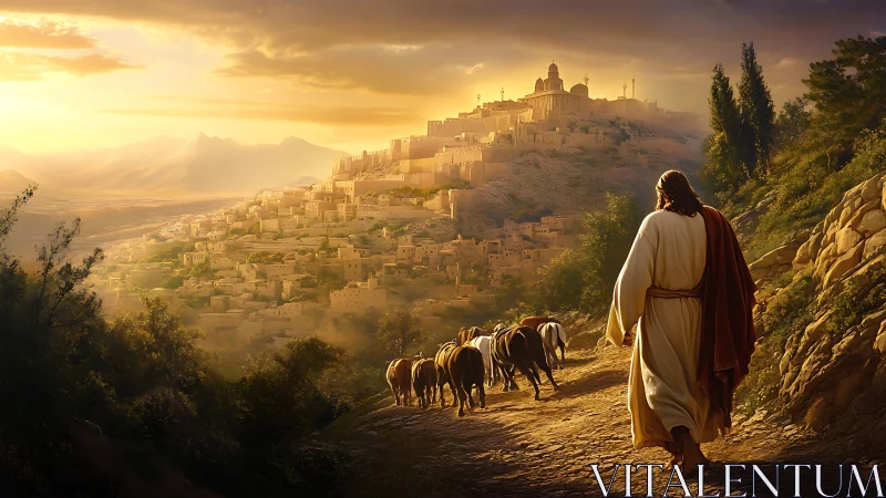 Shepherd in golden light guiding animals toward hilltop city.