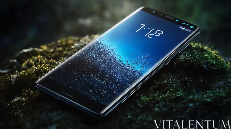 Premium smartphone with particle effects glowing on dark moss.