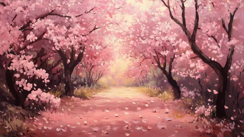 Cherry blossom trees line a softly lit forest pathway