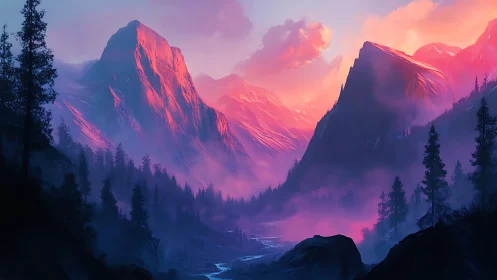 Digital painting of neon dusk mountains with misted valley.