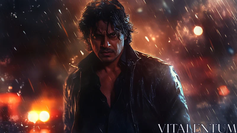 Rain-soaked vigilante in high-contrast cinematic lighting.