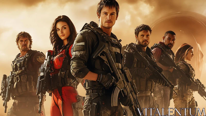 Armed sci fi squad standing against hazy desert backdrop.