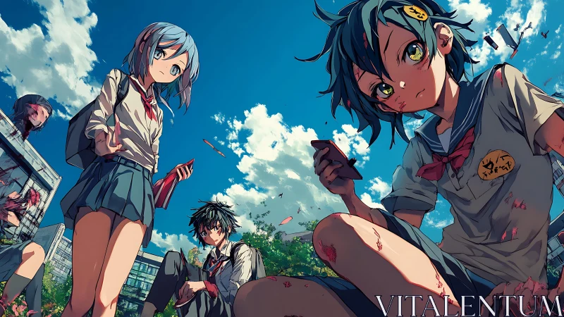Dynamic low-angle anime tableau of wounded school teens outdoors.