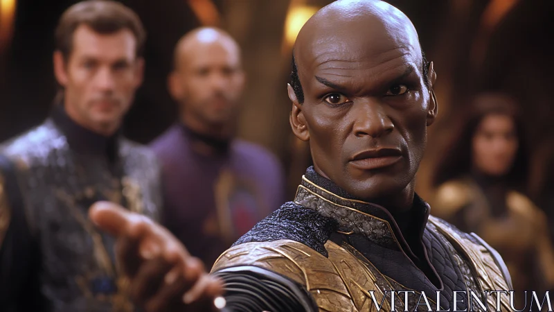 Photorealistic sci fi leader in shallow depth of field portrait.