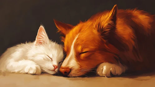White Cat and Ginger Dog Share a Peaceful Moment.
