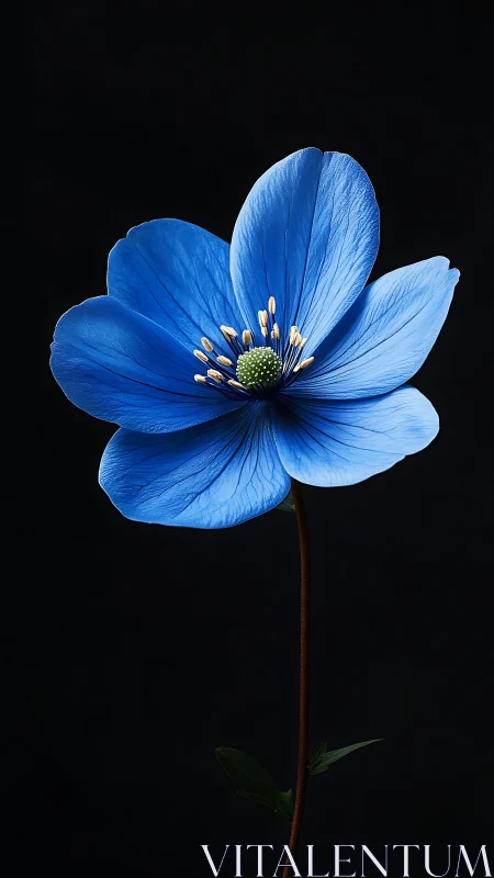 Blue Cosmos Flower with Delicate Petals Against Black Background.