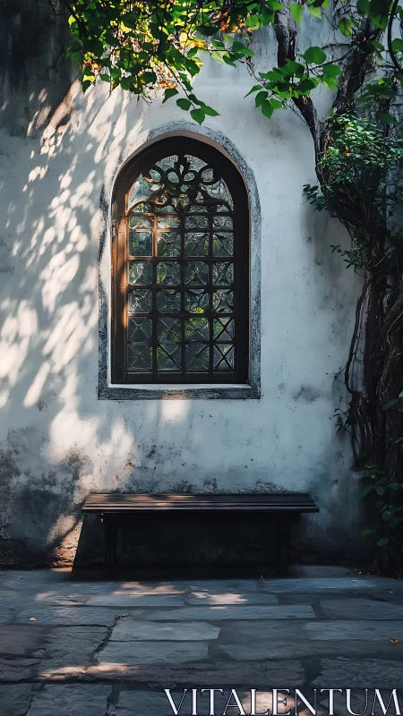 Arched lattice window, patina wall and shadow‑mapped bench.