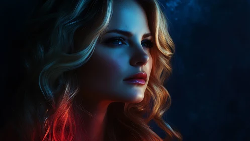 Woman’s side profile under blue and red cinematic lighting