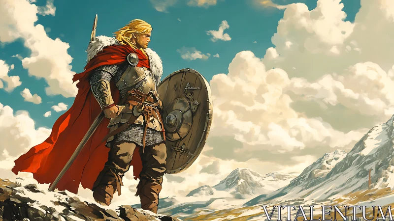 Warrior in fur-lined armor surveys snowy mountain valley