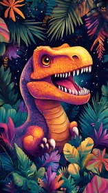Colorful cartoon dinosaur in dense tropical jungle scene.