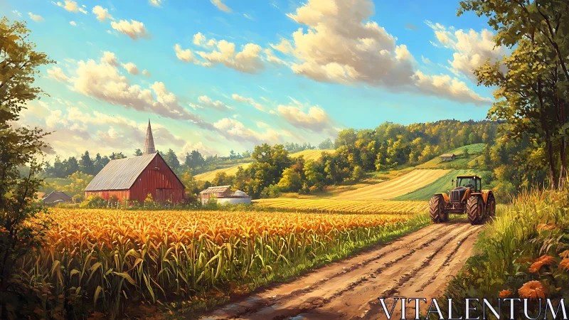 High-detail rural landscape with red barn, cornfield and tractor