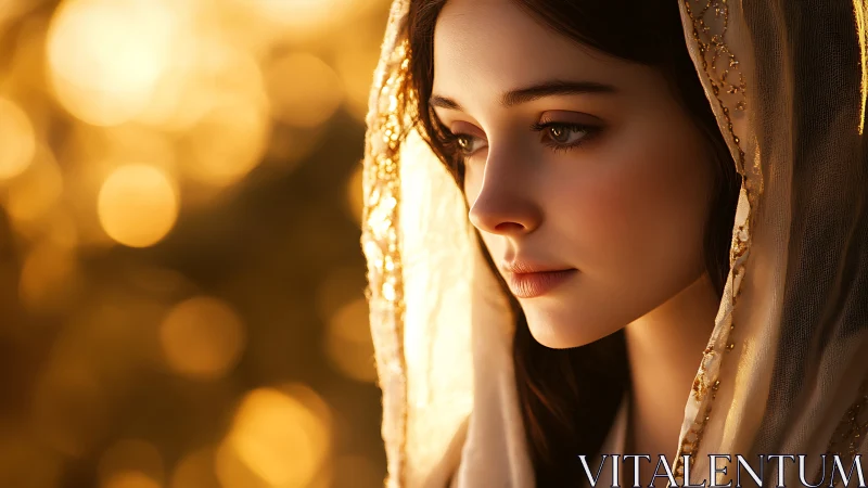 Photorealistic side-portrait in golden bokeh illumination.