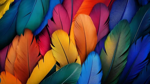 Macro study of overlapping multicolor feathers, high saturation
