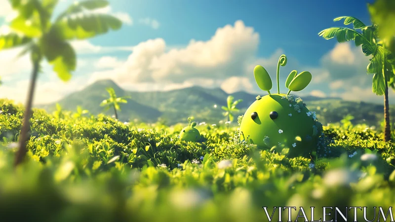 Green character sits in lush field under bright sky