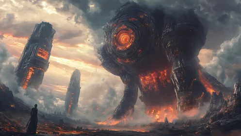 Molten colossus awakens amid crumbling sky towers.