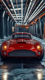Red classic sports car parked inside modern tunnel