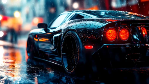 Sleek sports car glows in neon rain on wet city street.