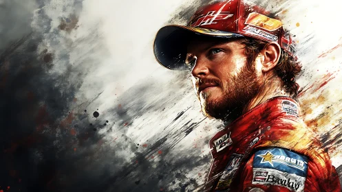 Portrait of a racing driver in red suit with dynamic strokes.