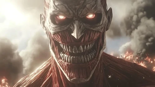 Muscular skeletal giant with glowing eyes amid smoke.