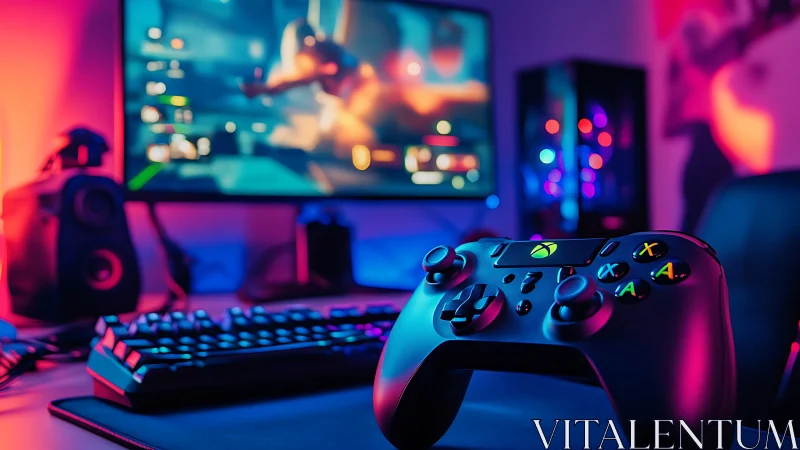 RGB-lit gaming controller on desk anchors neon studio scene