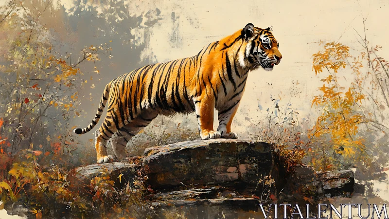 Tiger surveys autumn forest from weathered stone ledge.