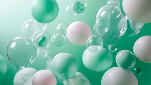 Green and white spheres with transparent bubbles in space.