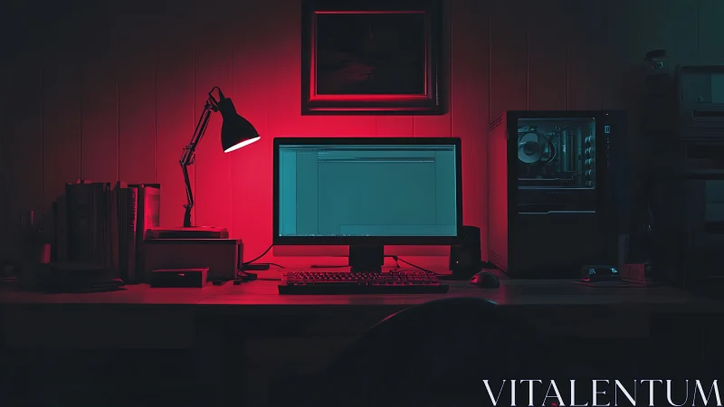 Minimal desktop workspace under red lamp light at night.