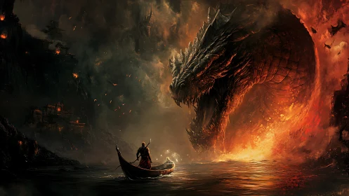 Boat-bound figure near colossal fire-lit dragon head at sea.