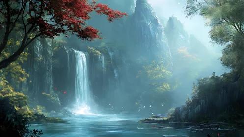 Misty forest waterfall with mountains and reflective pool.