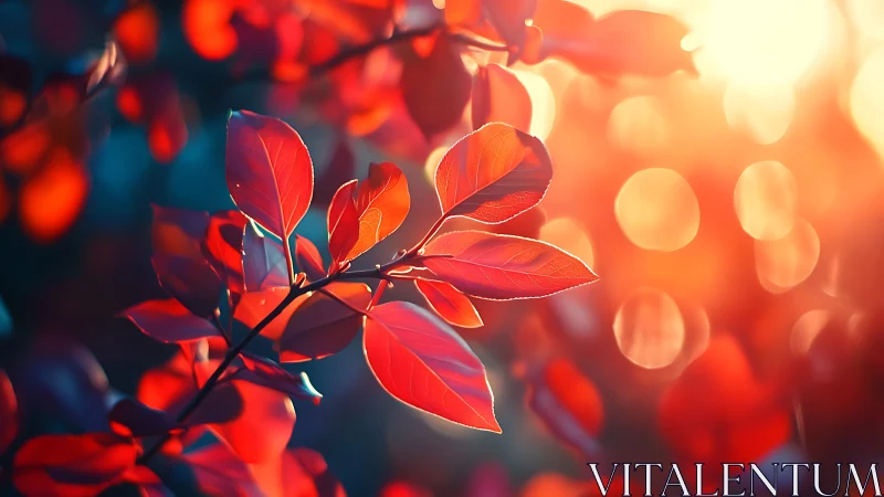 Sunlit ember leaves drifting through a glowing autumn hush.