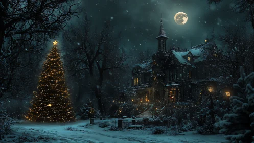 Victorian house and lit tree in snowy nighttime landscape.