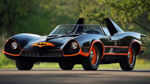 Photorealistic retro Batmobile roadster with sleek gloss finish.
