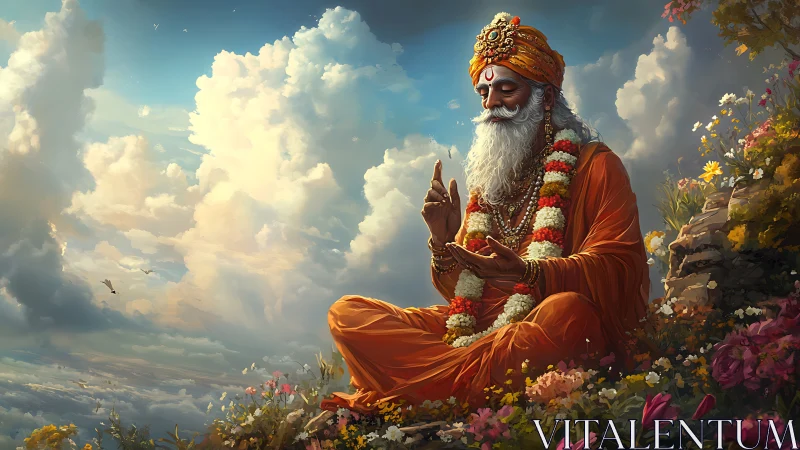 Golden-robed sage meditates peacefully among mountain flowers